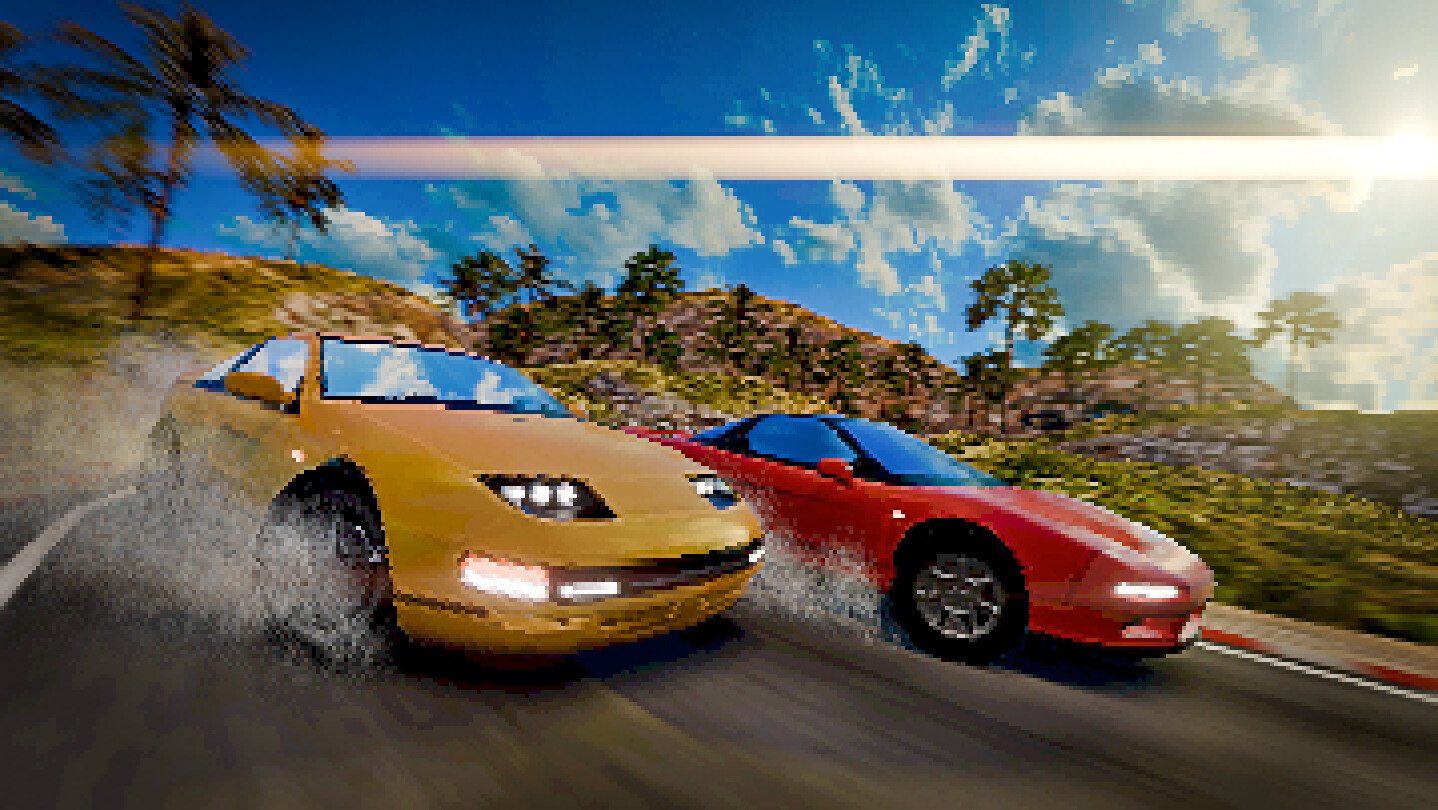 A gold and a red 90s sports car drifting side by side on a sunny coastal road in CD-R Racing